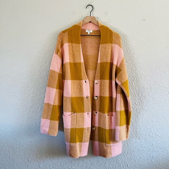 Umgee Sweaters - UMGEE Pink & Mustard Buffalo Plaid Long Cardigan